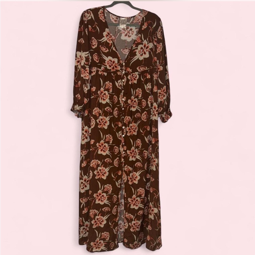 Flea Style Women's Brown Floral Maxi with Pink Floral Accents